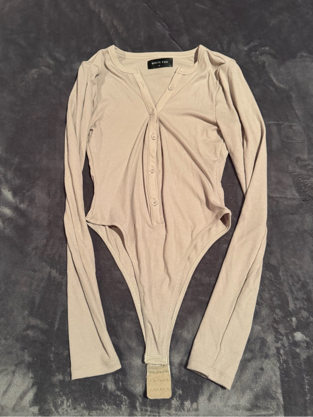 White Fox Boutique Long Sleeve Ribbed Henley Bodysuit - Taupe